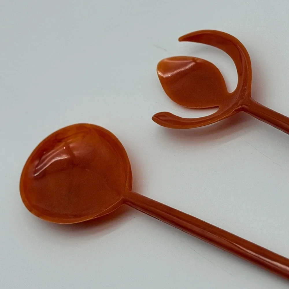 Vintage MCM Burnt Orange Lucite Salad Server Tulip Serving Spoon Fork Set 11.5in